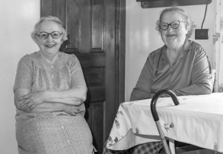 Martha Goyetche of Petit de Grat, NS with her sister Mathilda (circa 1983)