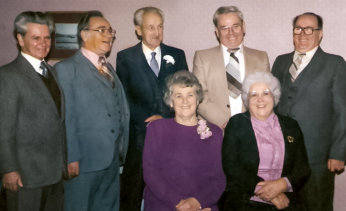 Gus Goyetche of London, ON; Henry Goyetche of Everett, MA; Godfrey Fougere of Petit de Grat, NS; John & Larry Goyetche of Halifax, NS; Anita (Goyetche) Fougere of Petit de Grat, NS; and Jean (Goyetche) Richard of Petit de Grat, NS (1986)