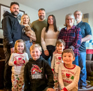 Back Row: Curtis ,Tasha (dog Sadie), Ian, Chelsea, Karen & Alcide Goyetche of Spruce Grove, AB; Front Row: Meyer, Deklin, Keilo & Quest (2023)